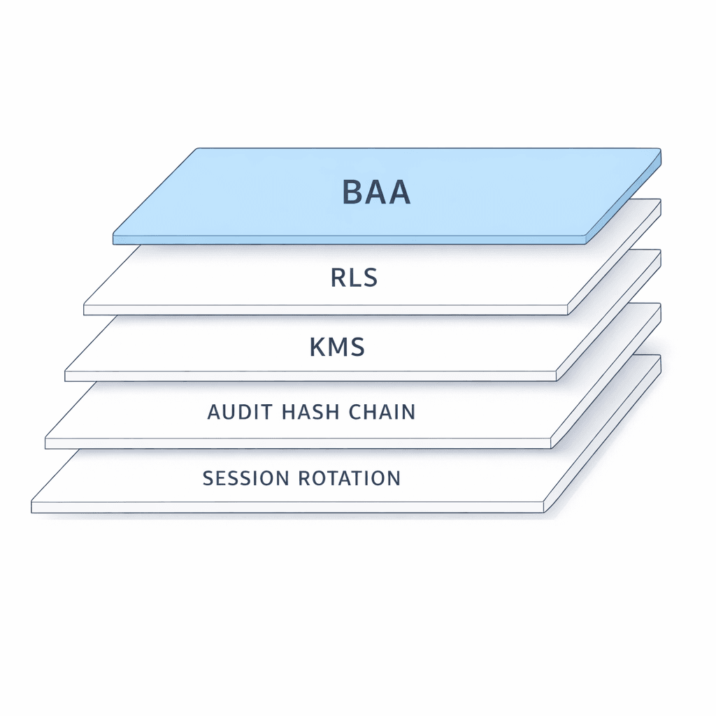 Layered cards naming each compliance primitive in the stack: BAA, RLS, KMS, audit hash chain, session rotation