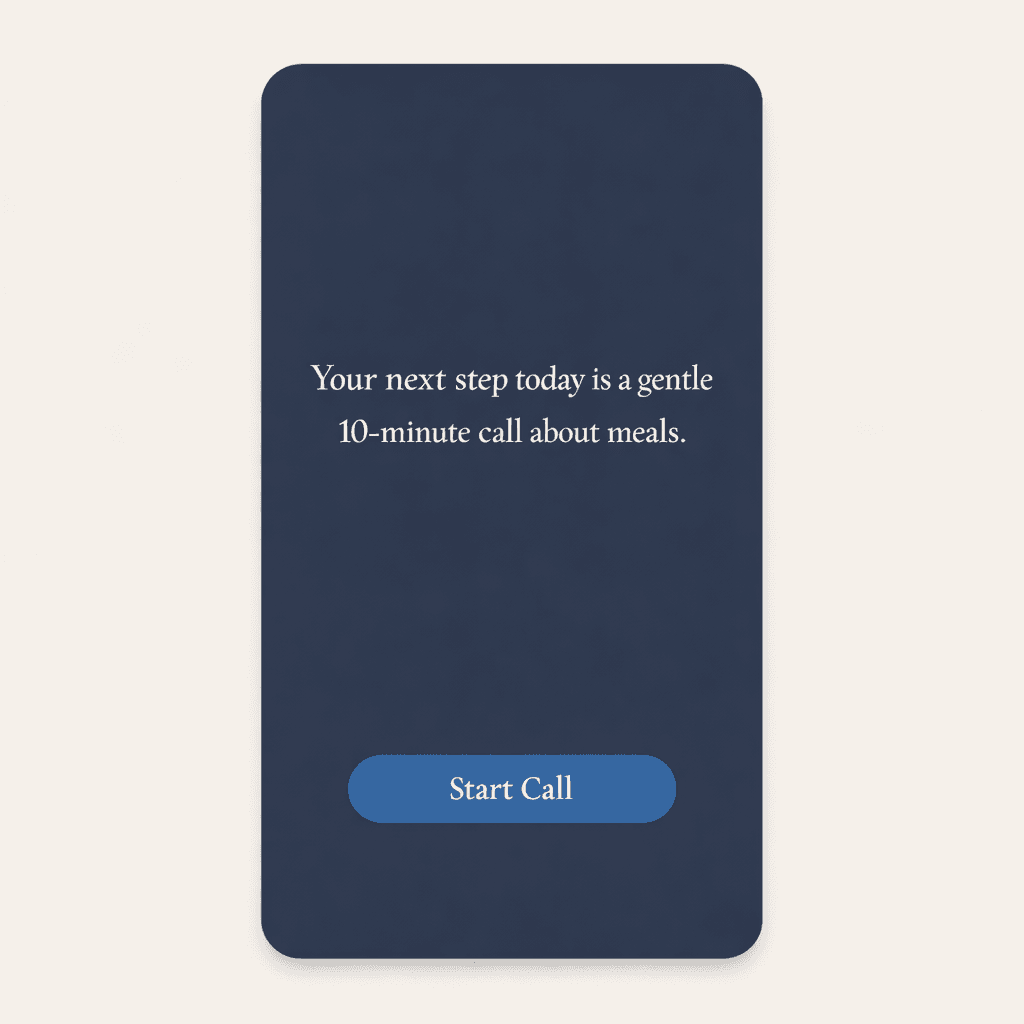 Family PWA card on a phone mockup — one calm serif sentence and one action