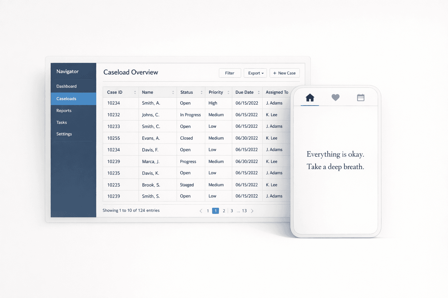 Navigator console showing a caseload alongside a calm family app card